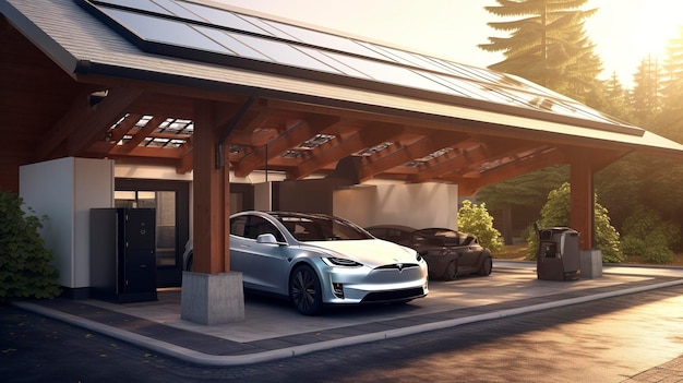 Une photo d'un abri d'auto alimenté par l'énergie solaire avec des véhicules électriques