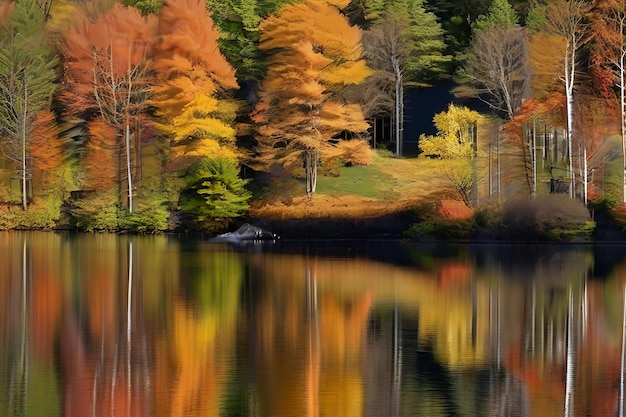 Photo abstrait arbre d'automne unique debout dans l'herbe longue sur une rive de rivière gros plan extrême 3D rendu