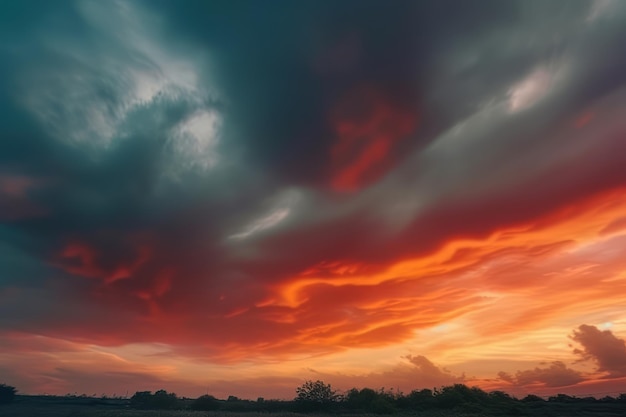 Photo abstraite du ciel et de la ligne d'horizon de la nature dans le style de la turbulence colorée orange foncé et cyan foncé