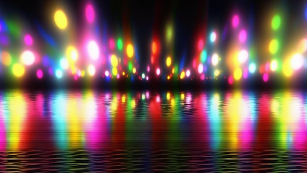 Photo abstraite fond néon multicolore lumière se reflète sur l'eau beach party light show
