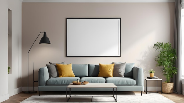 une photo accrochée à un mur avec un cadre noir accroché au-dessus du canapé