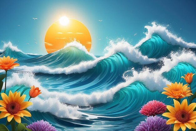 Photo d'action de l'eau du soleil des vagues de la mer des fleurs composition abstraite style d'illustration 3D réaliste