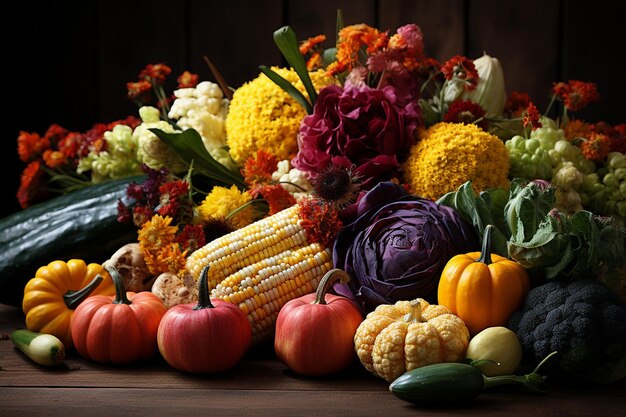 Photo photo d'action de grâces avec des fruits et légumes sur du bois à l'automne et à l'automne la saison de la corne de la récolte