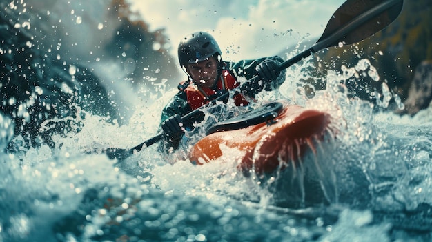 Une photo d'action intense d'un kayakiste en équipement de protection navigant dans des rapides d'eau blanche turbulents