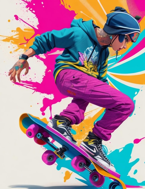 Une photo d'action vibrante de tout le corps d'un patineur rendue dans un style graffiti coloré