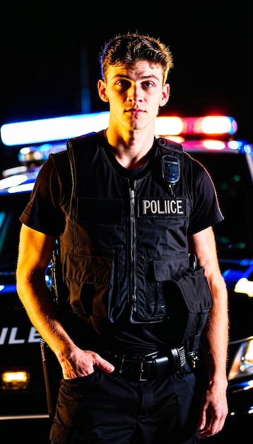 photo d'un adolescent adulte policier de nouvelle génération se tenant devant une voiture de police la nuit avec une lumière arrière IA générative
