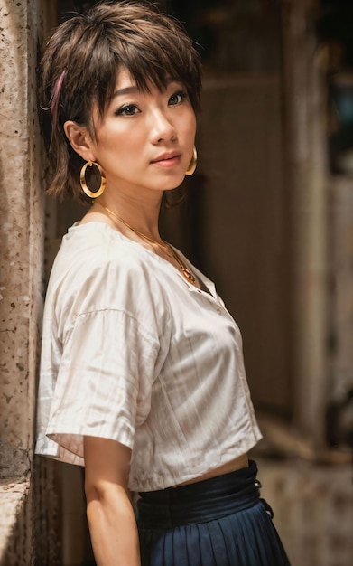 Photo d'une adolescente asiatique ludique avec des accessoires et une coiffure mulet IA générative