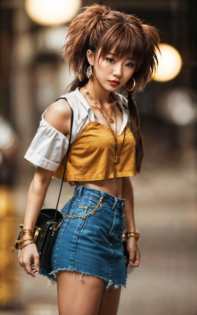 Photo d'une adolescente asiatique ludique avec des accessoires et une coiffure mulet IA générative