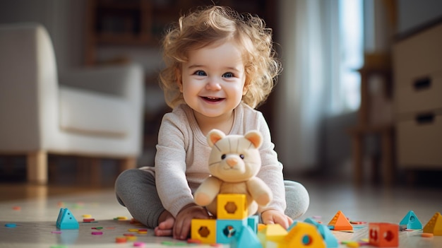 photo adorable bébé jouant avec un jouet à la maison sur le solpetit jouet de jeu généré par l'IA