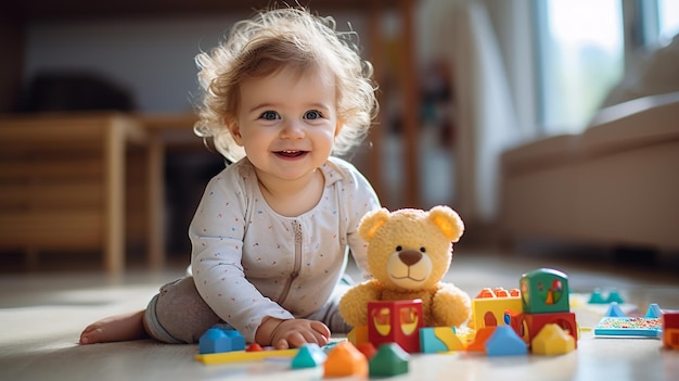 photo adorable bébé jouant avec un jouet à la maison sur le solpetit jouet de jeu généré par l'IA