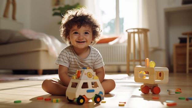 photo adorable bébé jouant avec un jouet à la maison sur le solpetit jouet de jeu généré par l'IA