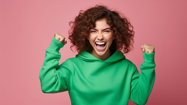 Photo photo d'une adorable fille heureuse en pull vert levant son poing avec excitation sur un fond rose ia générative