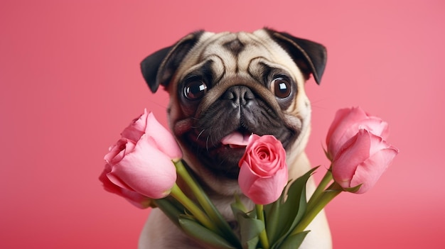 Photo adorable joli chiot brun et fleurs lumineuses générées par l'IA