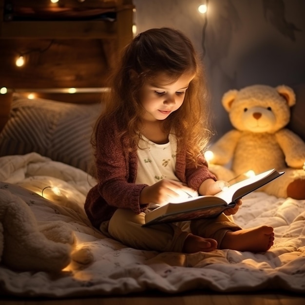 photo adorable petite fille assise sur le tapis et la lecture d'un livre pour sa peluche