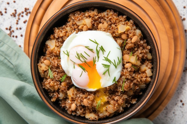 Photo aérienne d'un bol de quinoa garni d'œufs pochés