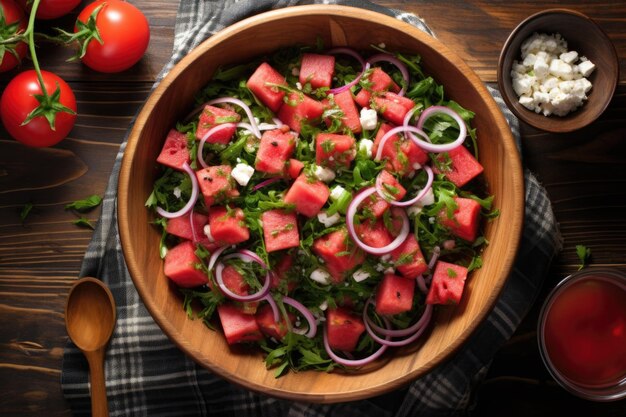 Photo aérienne d'un bol de salade de pastèque sur une table rustique en bois