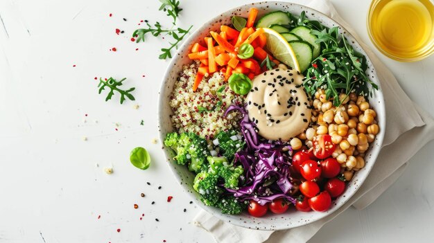 Une photo aérienne d'un bol de salade de quinoa sur un fond blanc minimaliste