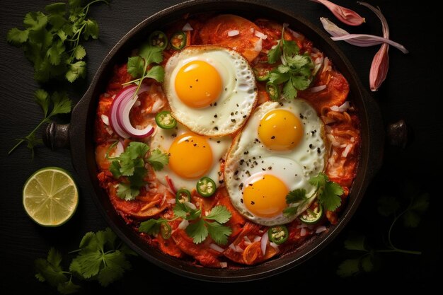 Une photo aérienne de chilaquiles servie