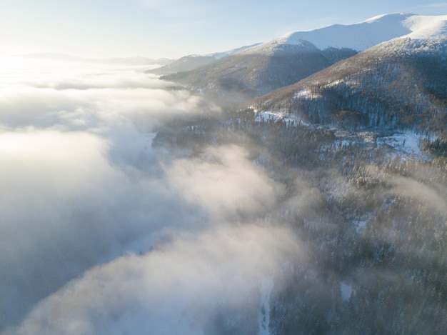 Photo aérienne du lever de soleil majestueux dans les montagnes La vallée entre les montagnes est couverte de brouillard et est éclairée par les rayons chauds du soleil levant Montagnes couvertes de forêt naturelle