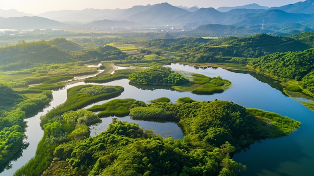 Photo aérienne du paysage naturel du parc des zones humides du lac Huayang Dongguan Chine IA générative