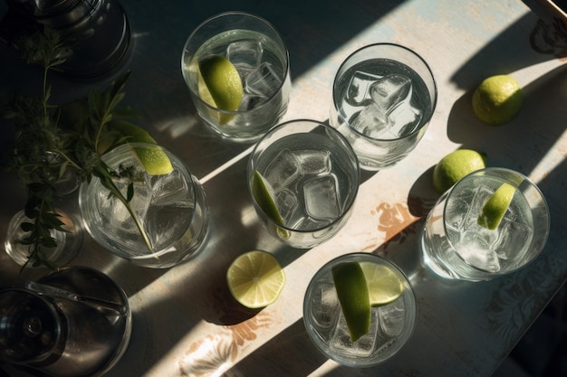 Photo aérienne d'un gin rafraîchissant et d'une boisson tonique avec la lumière du soleil et les ombres ai générative