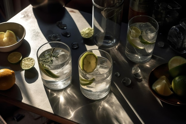 Photo aérienne d'un gin rafraîchissant et d'une boisson tonique avec la lumière du soleil et les ombres ai générative