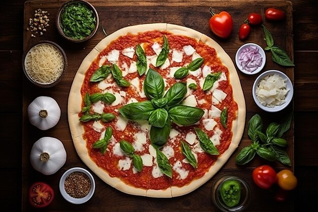 Photo une photo aérienne des ingrédients de la pizza margherita bien disposés