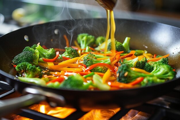 Photo une photo aérienne de légumes frits cuits sur un poêle à gaz