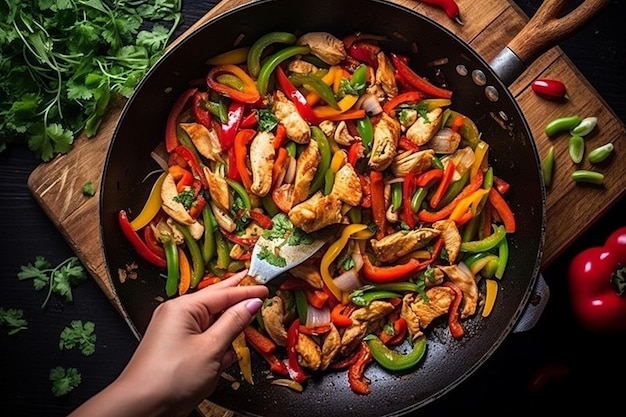 Une photo aérienne d'une main jetant du poulet et des légumes dans un wok