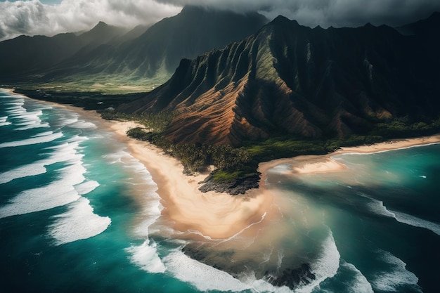 Une photo aérienne d'un océan avec des montagnes et des nuages en arrière-plan