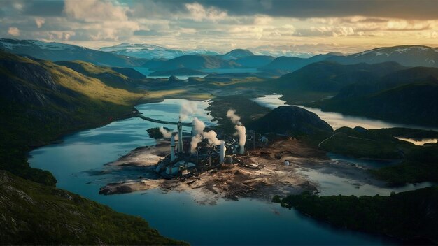 Photo une photo aérienne d'un paysage entouré de montagnes et de lacs avec une catastrophe industrielle