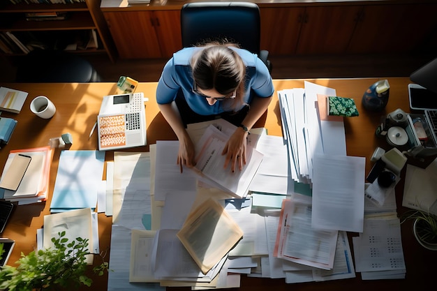 Photo aérienne d'une personne organisant des documents financiers sur une table