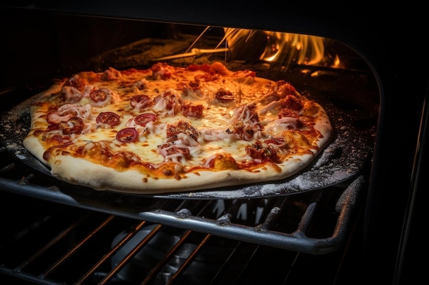 Une photo aérienne d'une pizza cuite dans le four capturant la chaleur et le fromage bouillonnant