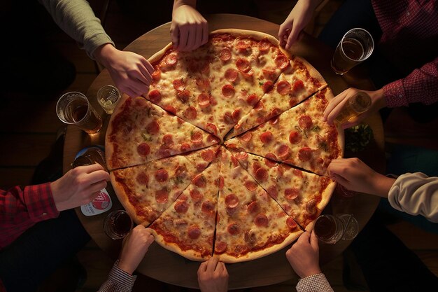 Une photo aérienne d'une pizza servie lors d'une fête de pizza décontractée