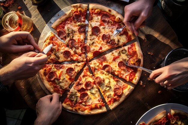 Une photo aérienne d'une pizza servie lors d'une fête de pizza décontractée