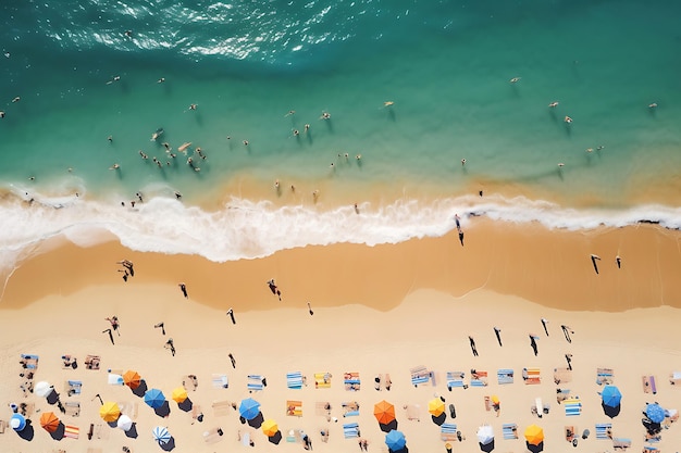 Une photo aérienne d'une plage animée avec des gens qui nagent