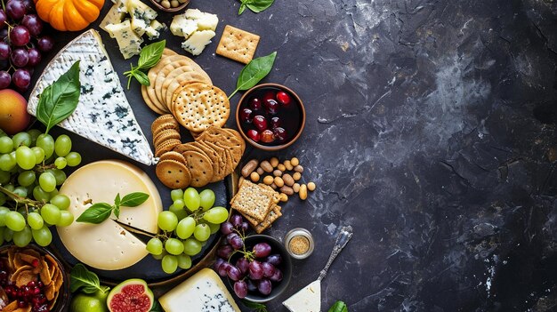 Une photo aérienne d'un plat avec une sélection de fromages, de raisins et de biscuits parfaits pour f