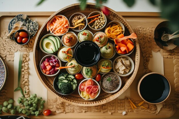 Photo une photo aérienne d'un plateau de sliders végétaliens avec des pâtisseries de mini-burger et de l'avocat