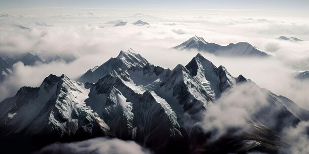 Photo aérienne prise par un drone d'une majestueuse chaîne de montagnes enneigées entourée de nuages et de brume AI générative