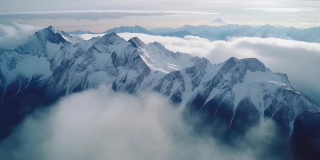 Photo aérienne prise par un drone d'une majestueuse chaîne de montagnes enneigées entourée de nuages et de brume AI générative