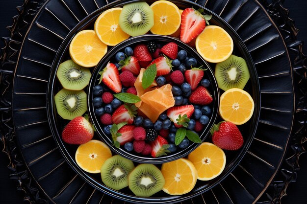 Photo une photo aérienne d'une salade de fruits servie dans un bol en céramique vintage