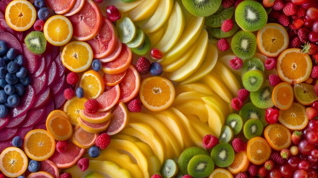 Photo une photo aérienne d'une salade de fruits vibrante disposée dans un motif artistique mettant en valeur la beauté de la nature39s palette