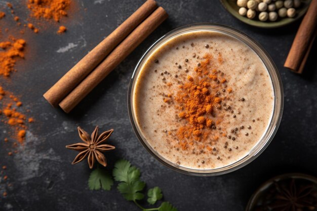 Photo une photo aérienne d'un smoothie d'avoine de gâteau de carottes avec une pincée de noix de muscade