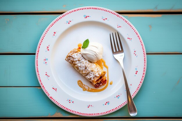 Photo une photo aérienne d'un strudel avec une cuillère de crème glacée sur une assiette