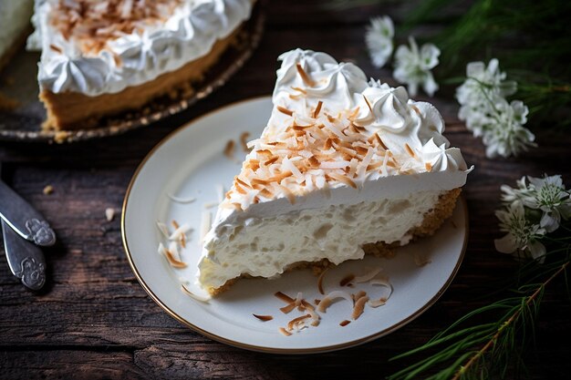 Une photo aérienne d'une tranche de tarte à la crème de noix de coco crémeuse avec des flocons de coco grillés