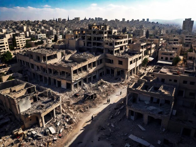 Une photo aérienne d'une ville du Moyen-Orient détruite par un bombardement.