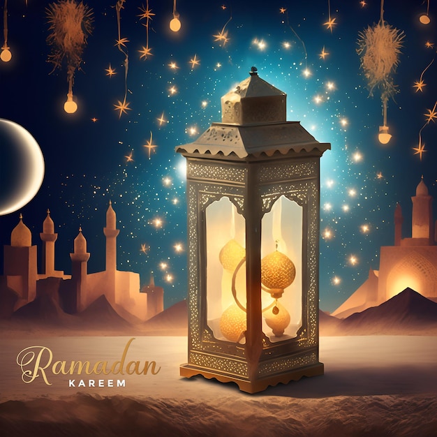 Photo d'une affiche pour le ramadan kareem et l'aïd moubarak avec une lanterne et des feux d'artifice