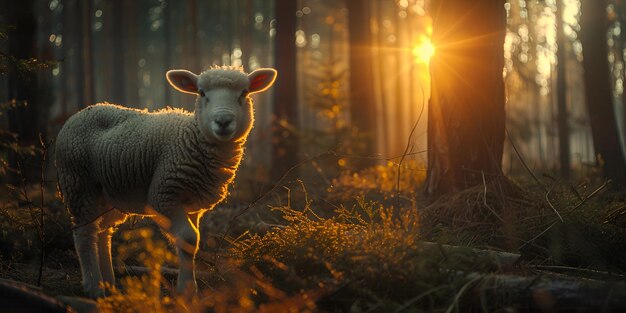 Photo photo d'un agneau curieux qui regarde le coucher de soleil sur une prairie de ferme générée par l'ia