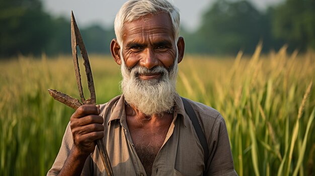 photo d'un agriculteur indien d'âge moyen récoltant le riz mûr généré par l'IA