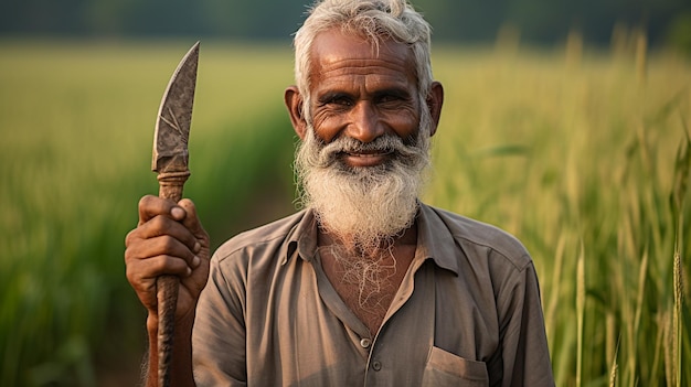 photo d'un agriculteur indien d'âge moyen récoltant le riz mûr généré par l'IA